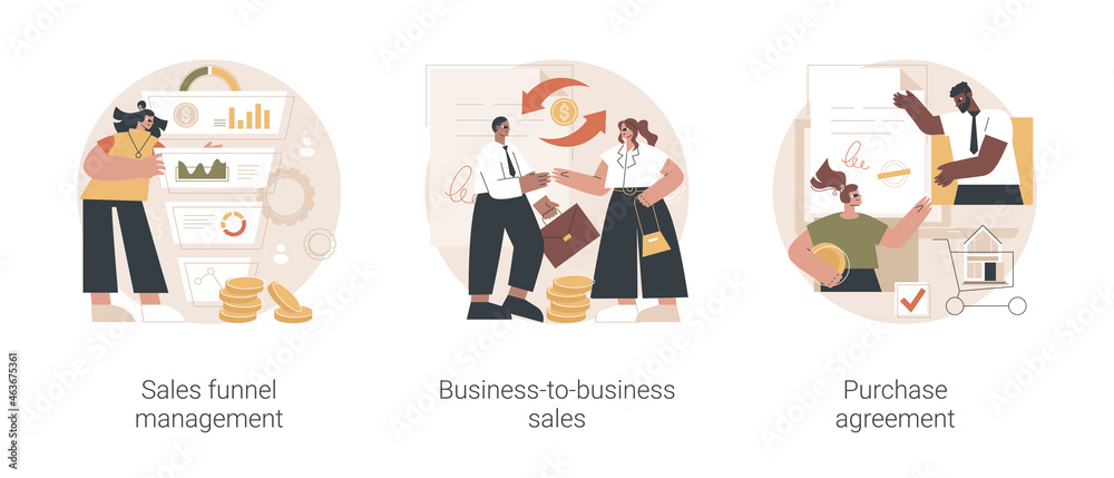 Business deal abstract concept vector illustration set. Sales funnel management, business-to-business commerce, in-app purchase agreement, marketing software, lead conversion abstract metaphor.