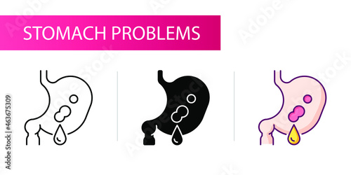 Symptoms of stomach problems (stomach ulcer). Line icon concept