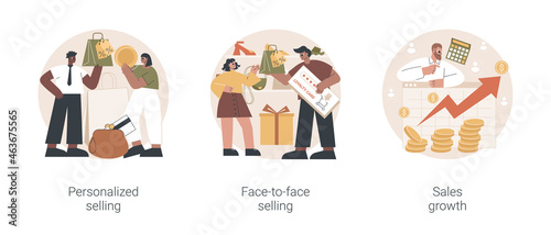Salesman job abstract concept vector illustration set. Personalized selling, face-to-face sales strategy, sales growth, personal discount, customer service, retail shop happy client abstract metaphor.