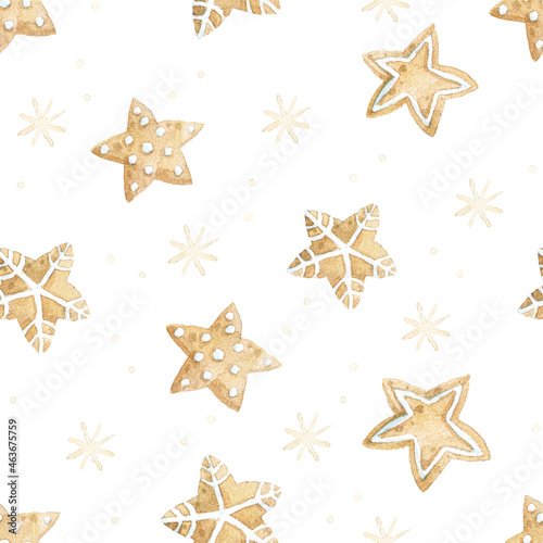 watercolor seamless pattern with Christmas cookies. cute sweets drawn in the style of cartoon, gingerbread cookies. symbol of new year, christmas, winter holidays