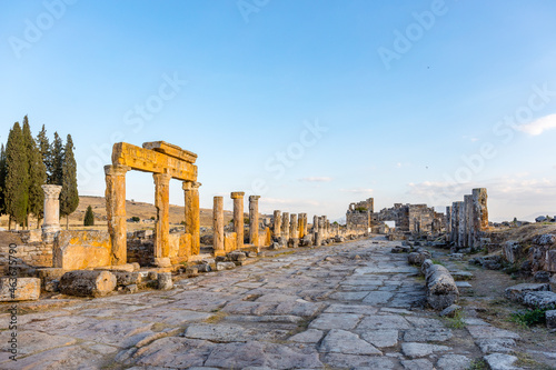 Frontinia Gate and Street (northern gate of the ancient city of Hierapolis). Ancient Roman resort town designed to improve the health and relaxation of the nobility. Mount Pamukkale. Landmark Turkey