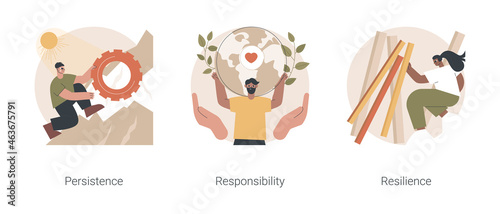 Mental strength abstract concept vector illustration set. Persistence and responsibility, building emotional resilience, psychological flexibility, determination to achieve goal abstract metaphor.