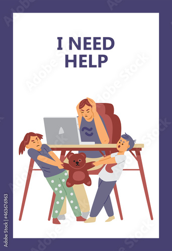 Tired mom with children working remotely from home in flat vector illustration