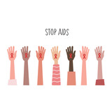 World aids day concept, hands with stop aids sign design. Card, poster.