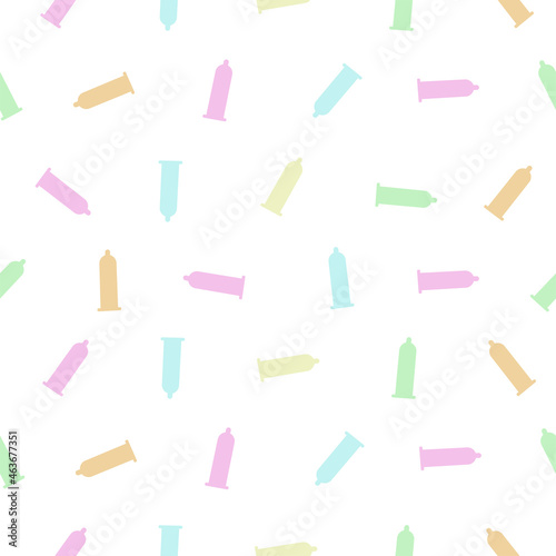 Colored condoms seamless pattern on a white background for wallpaper, wrapping, packing, and backdrop. Safe sex education, STD prevention, and AIDS awareness concept.