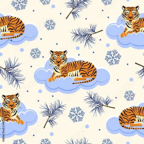 Tiger seamless pattern on a snowy cloud  pine branches  snowflakes. New year 2022 animalistic pattern. Christmas festive template for wrapping paper  cards  textiles. Vector illustration.