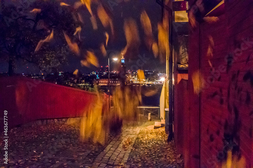 Stockholm, Sweden Autumn leaves swirling on Blecktornsgrand near Monteliusvagen. photo