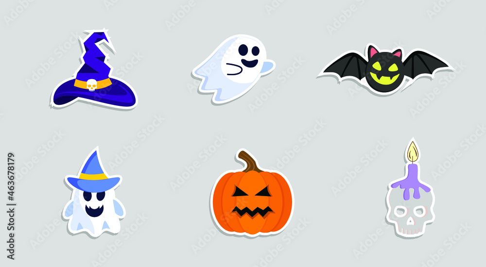 Halloween assets, hand-drawn flat Halloween labels collection and set