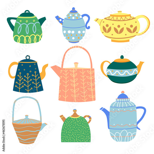 Set of different handmade ceramic teapots 