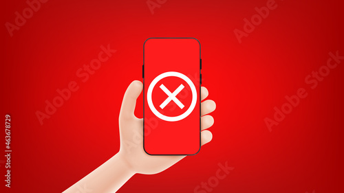 Cartoon hand holds smartphone with cross mark. Template of smartphone with cross mark in cartoon hand isolated on red background. Vector illustration with mobile device concept