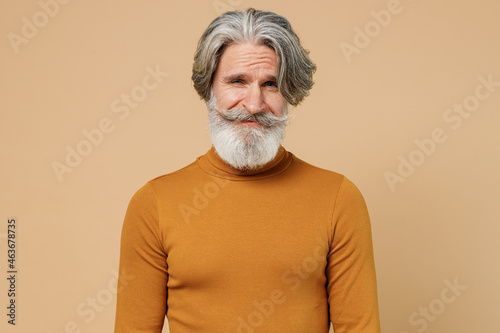Elderly gray-haired mustache bearded caucasian cool man 50s wearing mustard yellow turtleneck shirt looking camera isolated on plain pastel beige background studio portrait. People lifestyle concept.