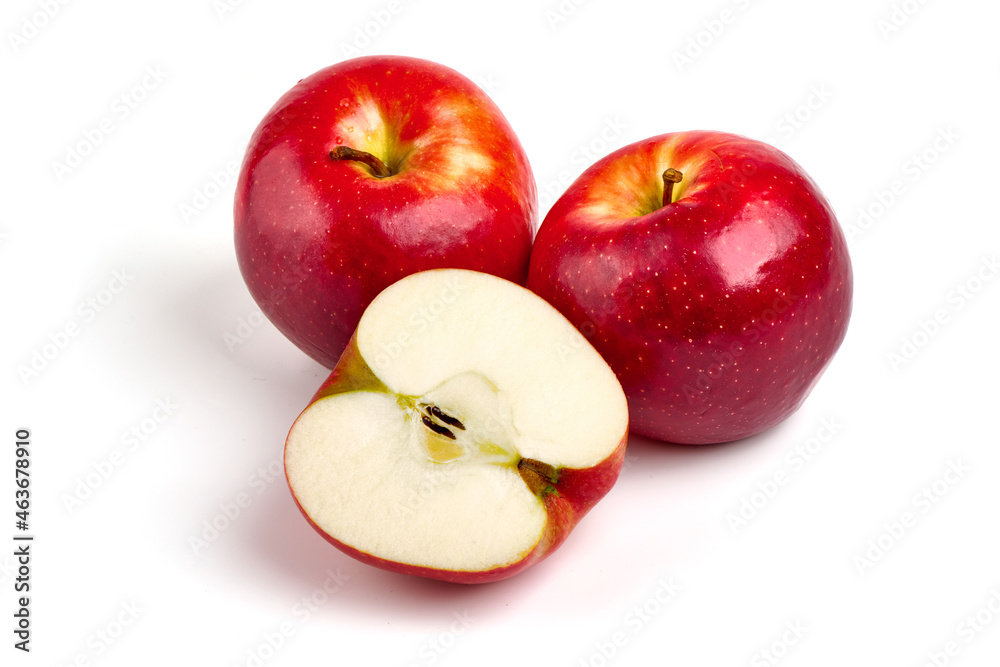 Shiny Red ripe apples, isolated on white background. Fresh raw organic fruits. Shiny Red ripe apples, isolated on white background. Fresh raw organic fruits.
