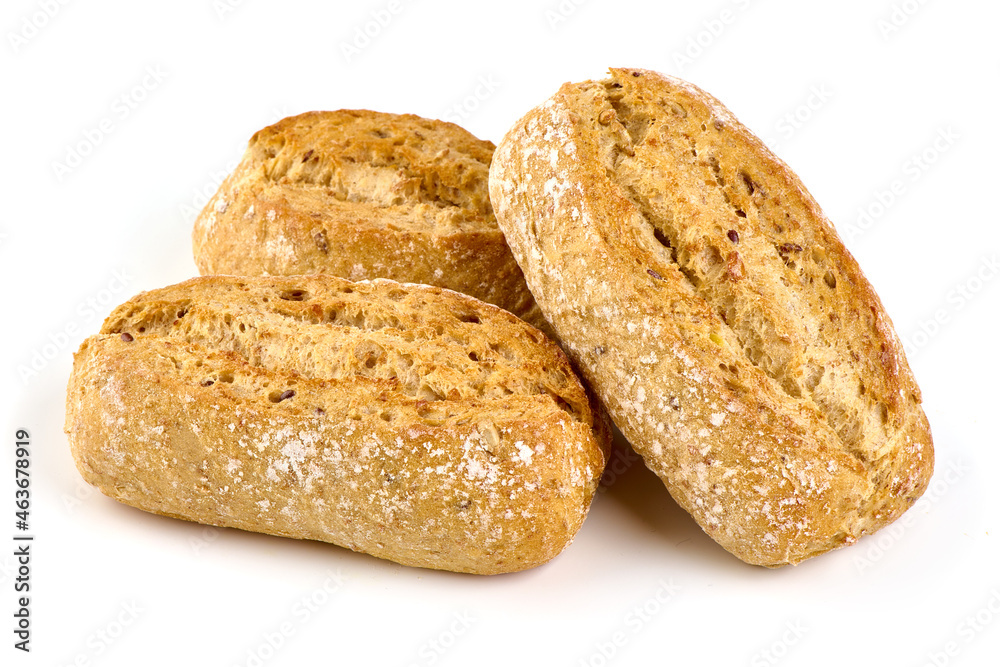 Freshly baked crispy bread rolls, close-up, isolated on white background.