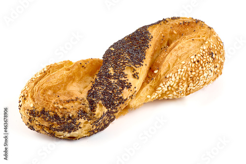 Wholegrain buns with poppy seeds and sesame, close-up, isolated on white background.