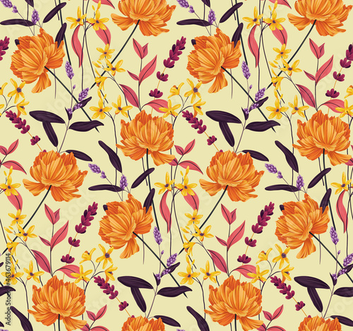 Seamless floral pattern with various autumn plants. Botanical vintage print with wild flowers  leaves and herbs. Vector.