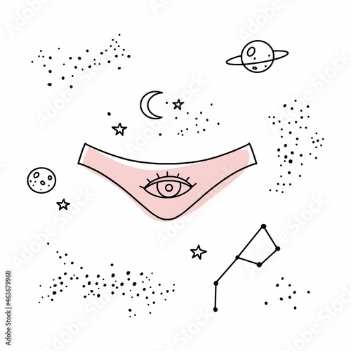 Drawing of women's underpants, space and planets