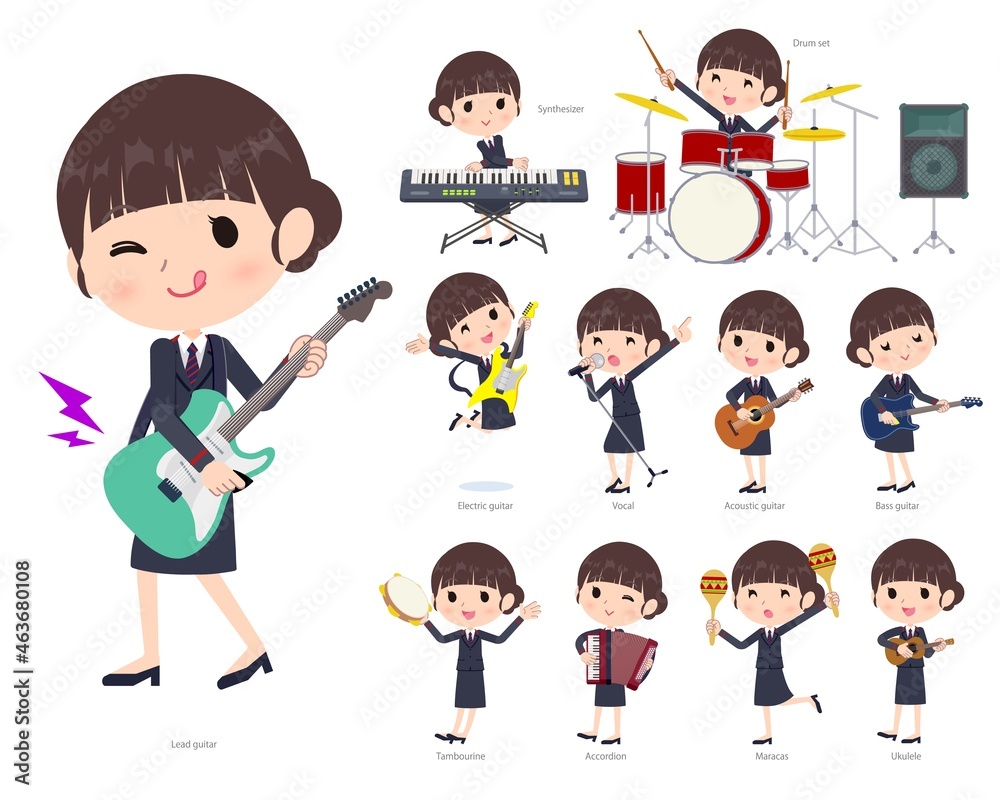 ロックンロールやポップミュージックを演奏する郵便スーツ女性のセット