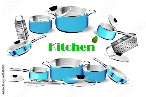 Realistic blue chrome dishes. Steel cooking pots with cape, metal saucepan and skillet, isolated cookware. Vector image 3D chrome frying pan and kitchen utensil