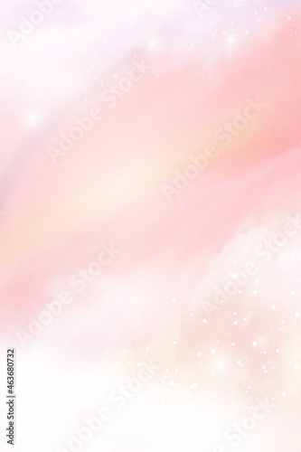 Pink watercolor cotton cloud background. Pastel fantasy sky backdrop template for wedding invitation, greeting card, banner or flyer. Vector illustration of fluffy candy clouds