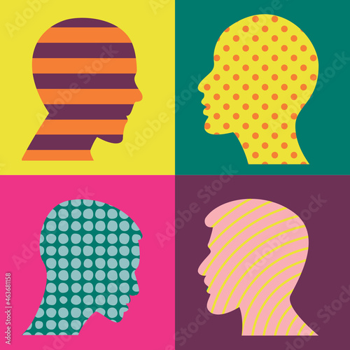 People heads on colour background. Psychology concept. Vector.