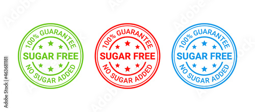 Sugar free stamp icon. No sugar added round badge. Diabetic label. Green, red and blue seal imprints isolated on white background. Emblem for package product. Vector illustration. Flat design.