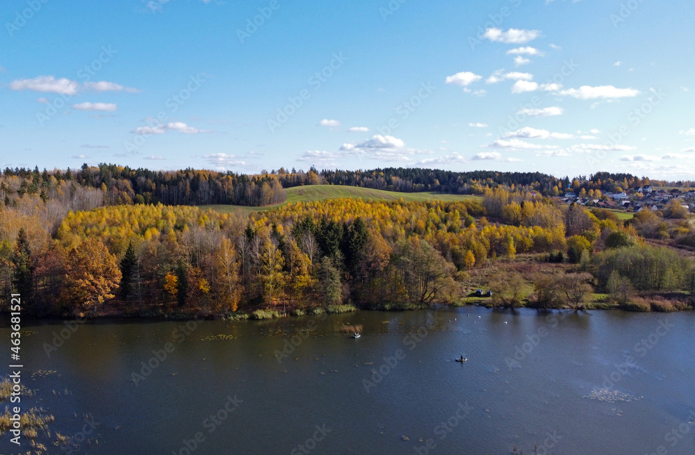 Top view of a forest lake on a sunny day
