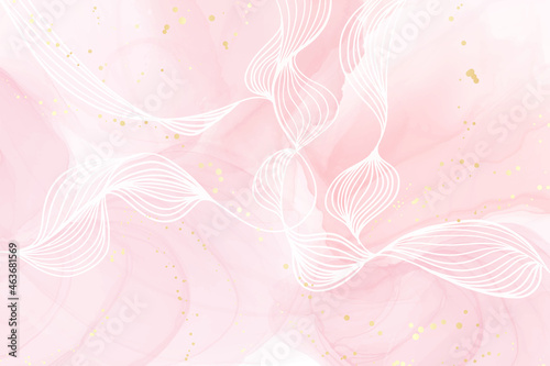 Abstract dusty blush liquid watercolor background with wavy lines. Pastel pink marble alcohol ink drawing effect. Vector illustration design template for wedding invitation, menu, rsvp