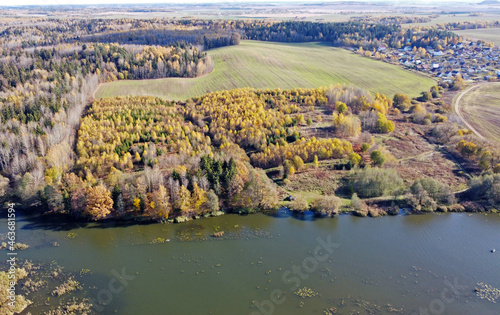 Top view of a forest lake on a sunny day © Payllik