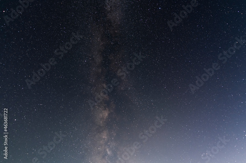 Beautiful bright milky way galaxy with long exposhure cloud on the blue starry sky. Space  astronomical background.