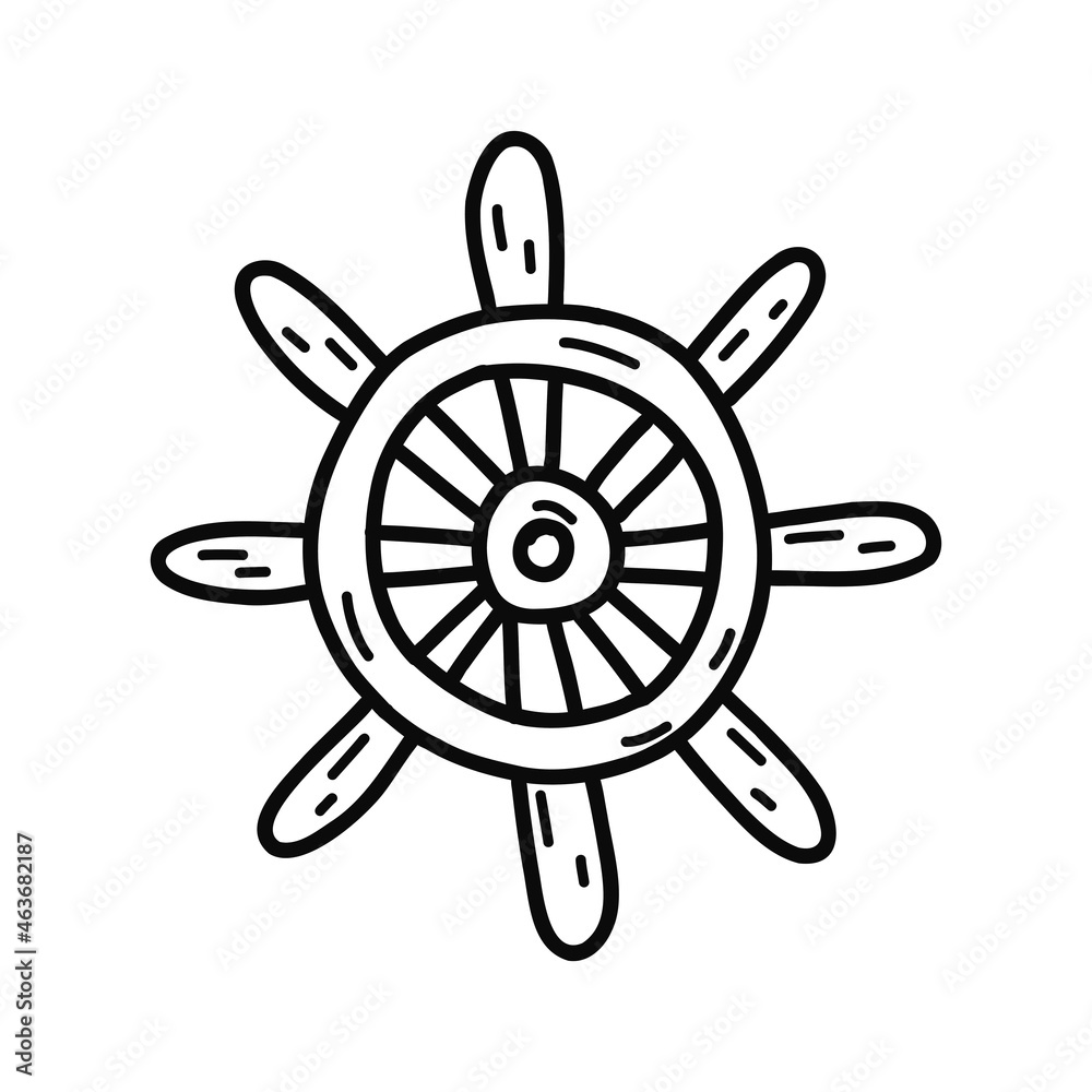 Obraz premium Steering wheel of the ship. Wooden rudder, antique equipment. Black and white vector isolated illustration hand drawn doodle