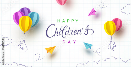 Children's Day with flying colorful 3d paper balloons and airplanes on school notebook background. Vector doodle cartoon kids, planes, ballons poster template