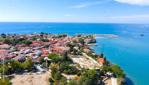 The Ancient City of Side. Peninsula. Amphitheater in Side. Ruins of the ancient city. Turkey. Shooting from a drone