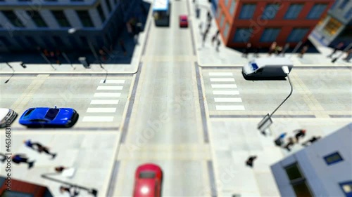 Tilt shift of walking people and traffic in city photo