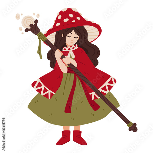 Mushroom witch, with a magic staff, a cape and a fly agaric hat. The enchantress grows boletus. Halloween drawing for poster, cards and more. Vector illustration isolated on white background.