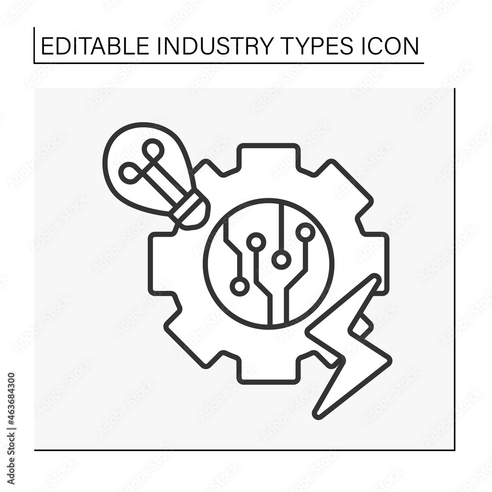 Electronics industry line icon. Business of creating, designing, producing, and selling devices such as radios, televisions, stereos. Business concept. Isolated vector illustration. Editable stroke Electronics industry line icon. Business of creating, designing, producing, and selling devices such as radios, televisions, stereos. Business concept. Isolated vector illustration. Editable stroke