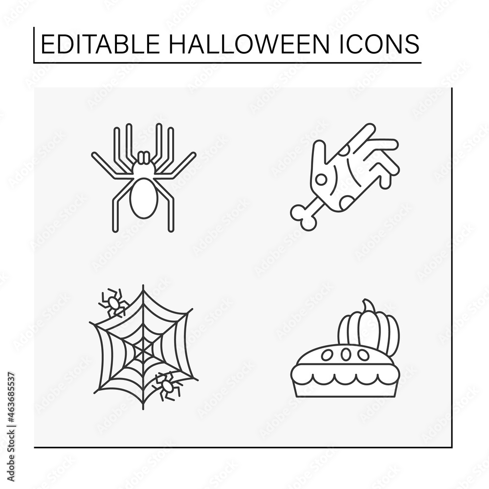  Halloween line icons set. Traditional holiday element. Spider, spiderweb, zombie and pumpkin pie.Holidays calendar concept. Isolated vector illustration. Editable stroke