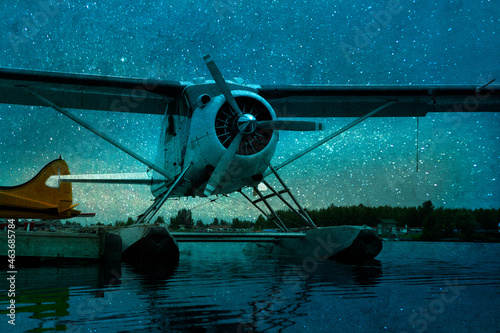 Canvas-taulu Artistic rendering of a float plane docked in Anchorage Alaska under a starry sk
