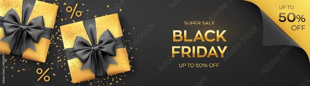 Black Friday Super Sale. Realistic gold gifts boxes with black bows. Dark background with present boxes and golden percent symbols. Horizontal banner, poster, header website. Vector illustration. - obrazy, fototapety, plakaty 