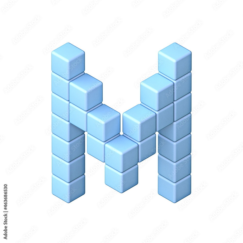 Blue cube orthographic font Letter M 3D