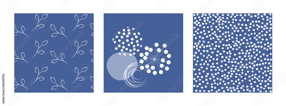 Fototapeta premium Blue and white seamless pattern vector with leaves and polka dot. Beautiful fashionable collection. Pattern set on blue background.