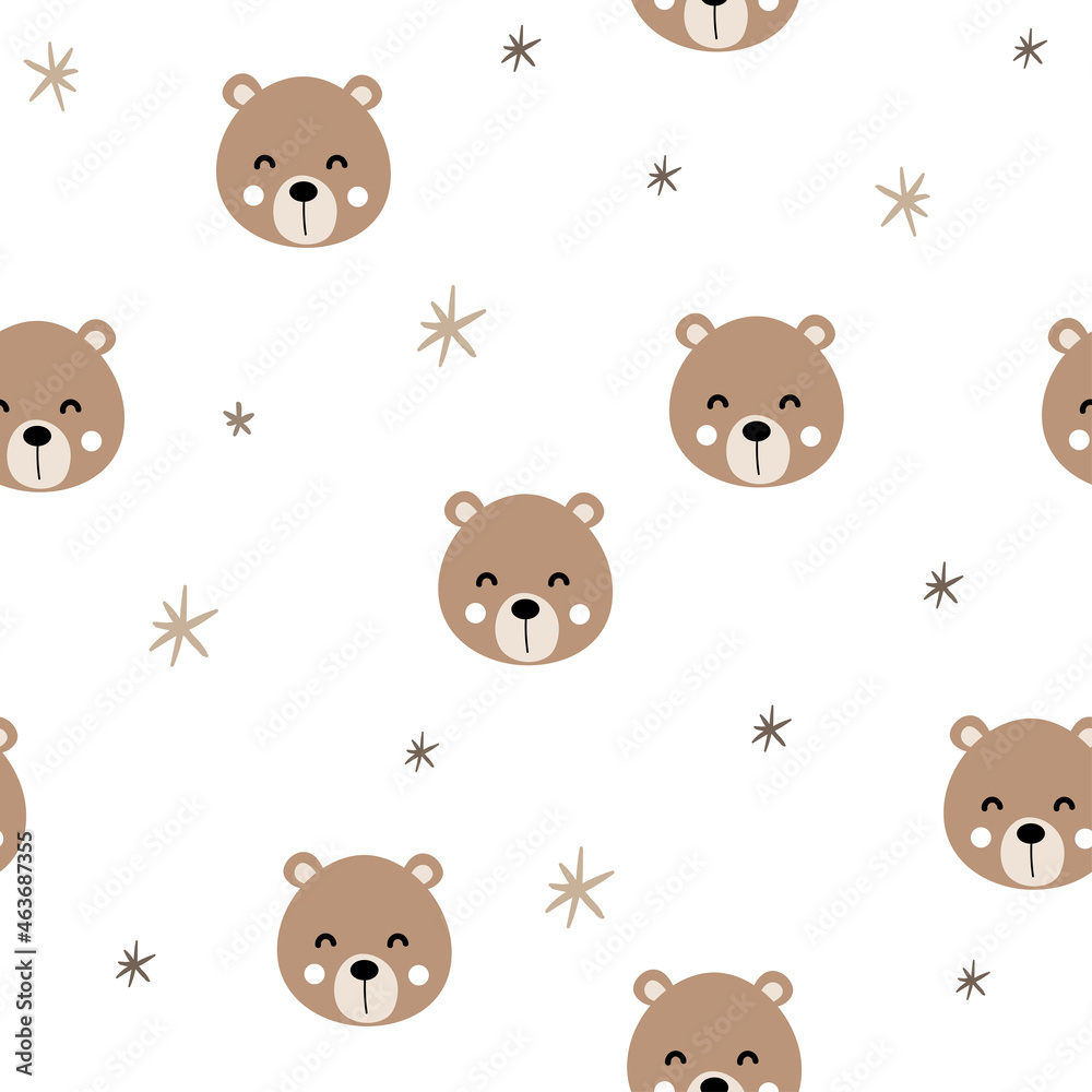 Seamless pattern with cute head bear and stars ​in a cartoon style 