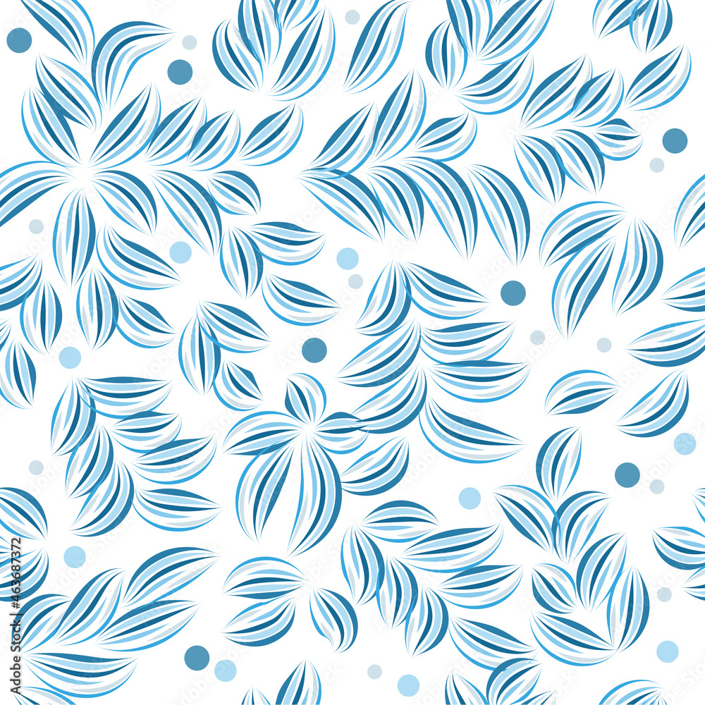 Seamless light blue botanical pattern. Hand-drawn leaves and twigs from blue wavy lines. Natural background for textile, cover, wallpaper, gift packaging, printing.Romantic design for calico, silk.