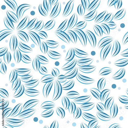 Seamless light blue botanical pattern. Hand-drawn leaves and twigs from blue wavy lines. Natural background for textile, cover, wallpaper, gift packaging, printing.Romantic design for calico, silk.