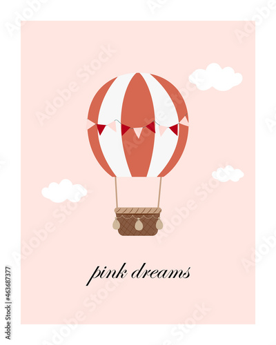 Illustration card of a cute child retro pink air balloon ​in a cartoon style.
