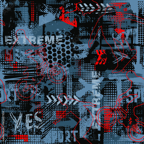 Abstract seamless grunge pattern for guys. Urban style modern background with boy on bicycle BMX and skateboards. Sport extreme style creative wallpaper