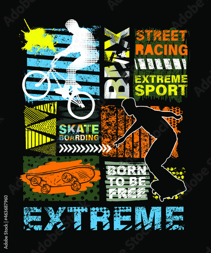 Urban style modern t-shirt  with boy on bicycle BMX and skateboards. Sport extreme style illustraton for guys.
