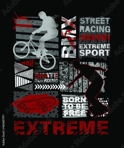Urban style modern t-shirt  with boy on bicycle BMX and skateboards. Sport extreme style illustraton for guys.