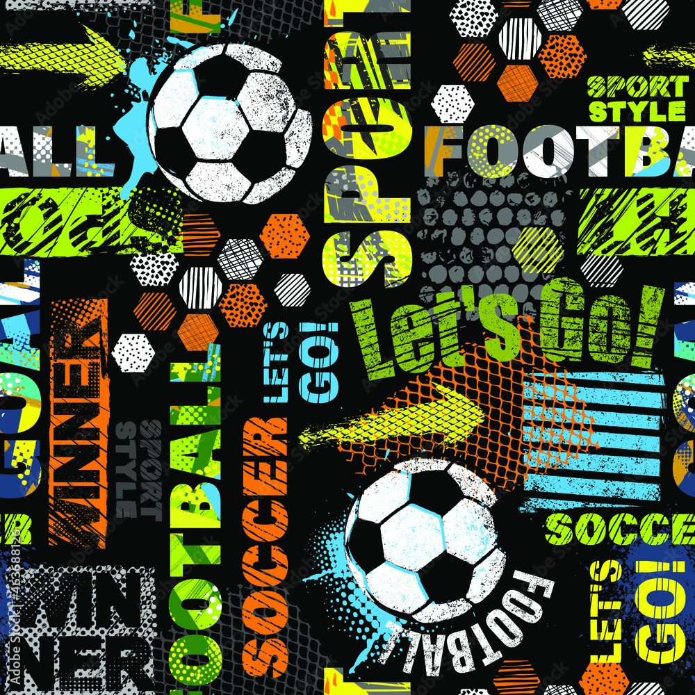 Abstract seamless chaotic pattern with soccer ball and urban geometric elements. Grunge neon texture background for guys. Football sport