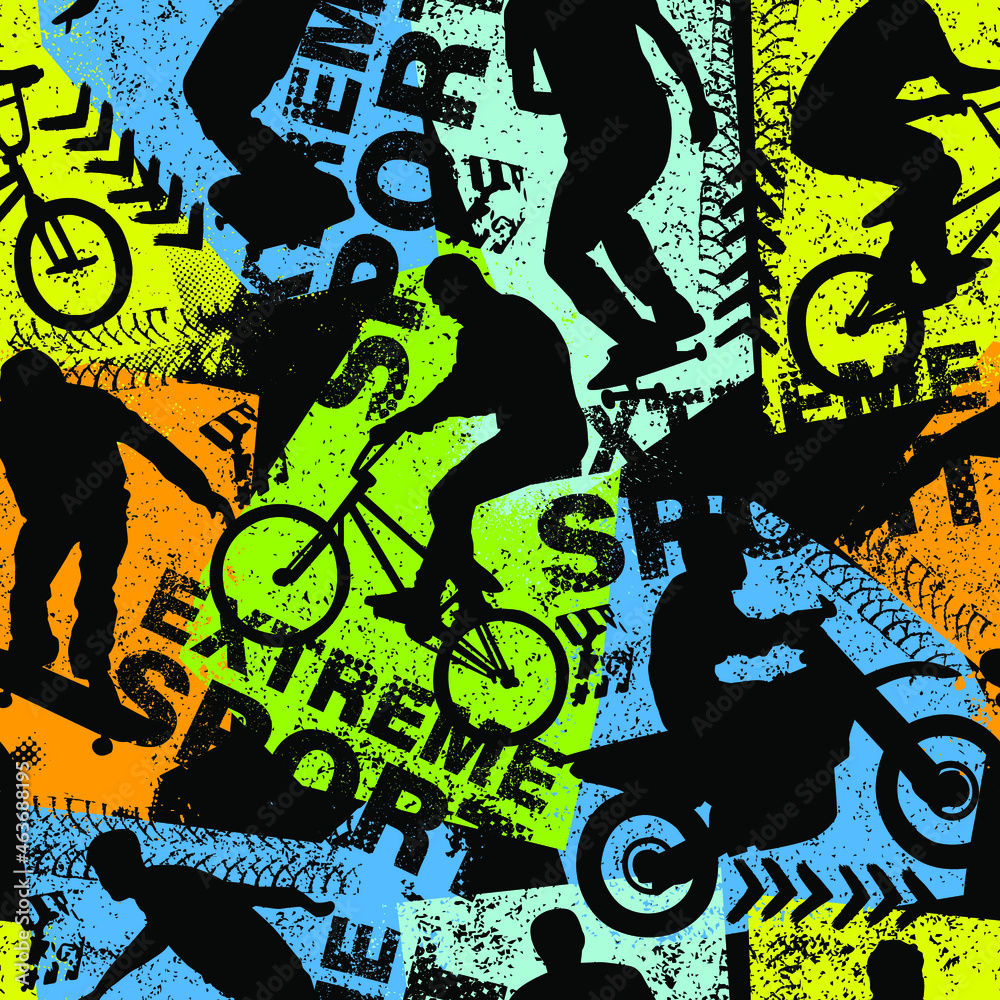 Abstract seamless grunge pattern for guys. Urban style modern background with boy on bicycle BMX, motorcycle and skateboards. Sport extreme style creative wallpaper