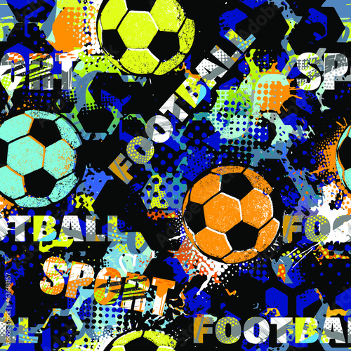Abstract seamless chaotic pattern with soccer ball and urban geometric elements. Grunge neon texture background for guys. Football sport